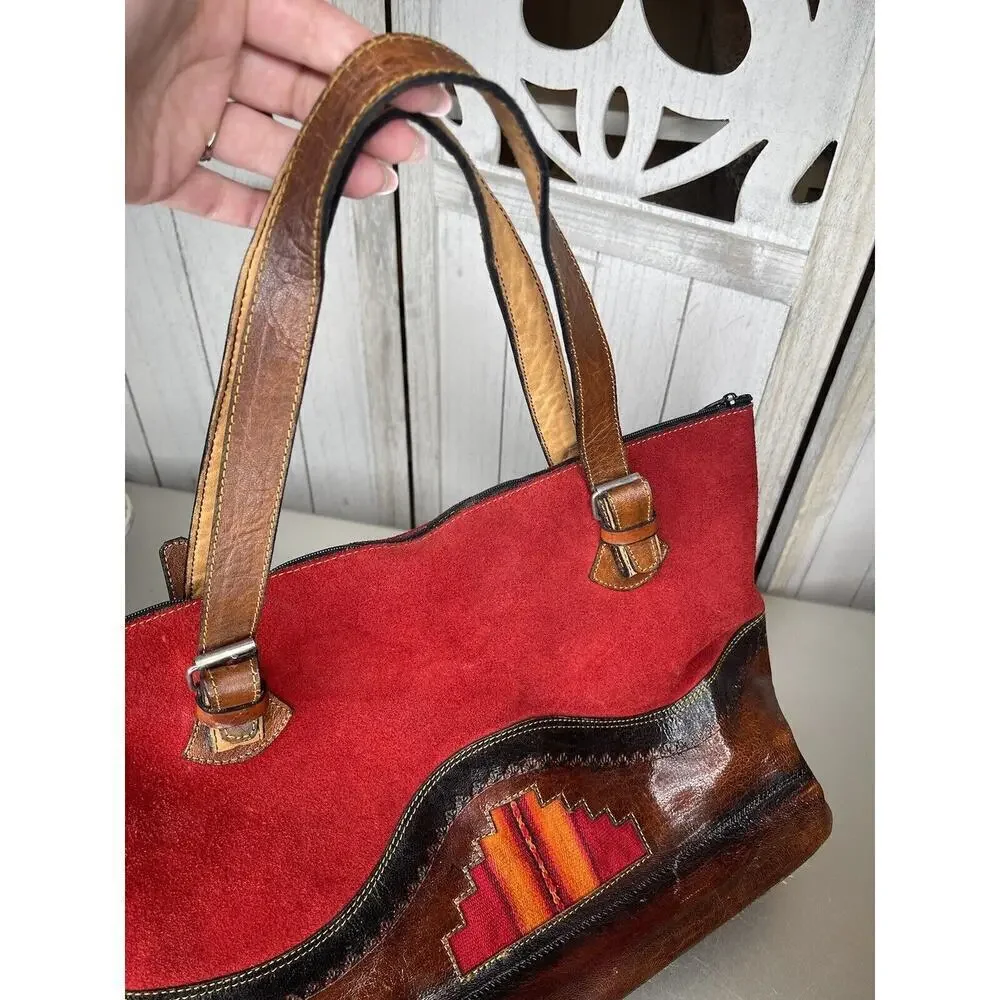Vintage Red Suede and Brown Leather Trim Tote Bag Southwest Western